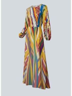 Multi-Color Abstract Print One-Piece with Leotard Top and Long Skirt in Back